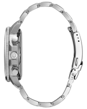 Load image into Gallery viewer, Close-up of a silver watch with detailed case and bracelet on a white background