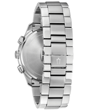 Load image into Gallery viewer, Silver stainless steel chronograph watch shown from the back, featuring a brushed metal case and a polished link bracelet with a Bulova logo engraved on one of the links, set against a plain white background.