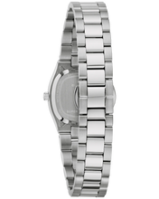 Load image into Gallery viewer, Back view of a silver toned watch with a metallic band on a white background