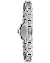 Load image into Gallery viewer, A silver stainless steel women's watch with a multi-link bracelet and a shield-shaped case, shown from the back on a plain white background.
