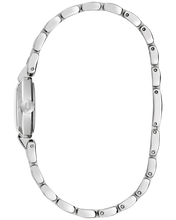Load image into Gallery viewer, Silver-tone stainless steel women's watch with a matching link bracelet, shown from the side profile on a plain white background.
