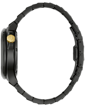 Load image into Gallery viewer, A close-up side view of a watch with a black metal link bracelet and a gold-tone crown, shown against a plain white background.