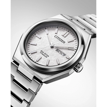 Load image into Gallery viewer, Silver Citizen watch with a white face on a light gray background