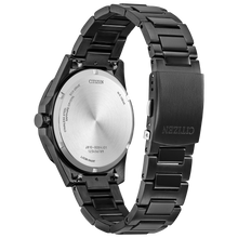 Load image into Gallery viewer, Black Citizen watch with metallic band on a white background