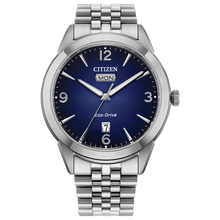 Load image into Gallery viewer, Silver Citizen watch with blue dial on a white background Fifth Avenue Jewellers Kamloops BC