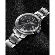 Load image into Gallery viewer, Silver Citizen watch with black dial on a dark textured background