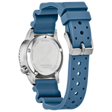 Load image into Gallery viewer, Blue watch with a detailed view of the strap and Citizen branding on a white background