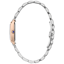 Load image into Gallery viewer, Close-up of a watch with a silver band and rose gold case on a white background