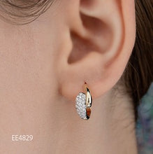 Load image into Gallery viewer, Close-up of an ear wearing a gold hoop earring with visible brand code 'EE4829'.
