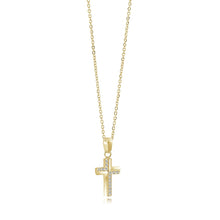 Load image into Gallery viewer, Small gold coloured cross with white stones on a white background