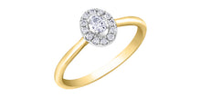 Load image into Gallery viewer, Gold ring with a diamond halo on a white background