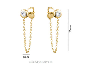 CZ Stud Earrings With Safety Chain - Fifth Avenue Jewellers