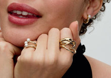 Load image into Gallery viewer, Pandora Essence Treated Freshwater Cultured Pearl & Organically Shaped Hoop Earrings - Fifth Avenue Jewellers