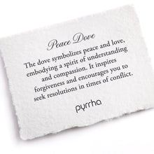 Load image into Gallery viewer, White card with text about the dove symbolizing peace and love, featuring the brand 'pyrrha'.