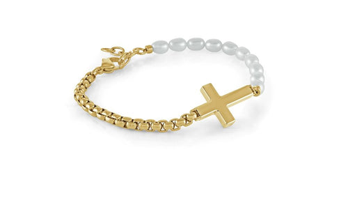 Round Box Link & Pearl Cross Bracelet - Fifth Avenue Jewellers