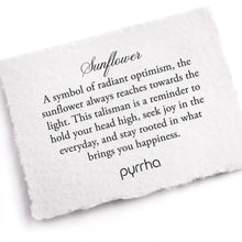 Load image into Gallery viewer, White card with black text about sunflowers and a brand name on a white background