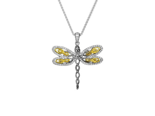 Keith Jack Sterling Silver Rhodium and 10k Yellow gold Cubic Zirconia Barked Dragonfly Pendant - Fifth Avenue Jewellers