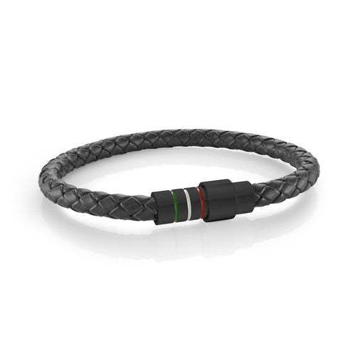 Mens Black Leather Bracelet With Flag Design Clasp - Fifth Avenue Jewellers