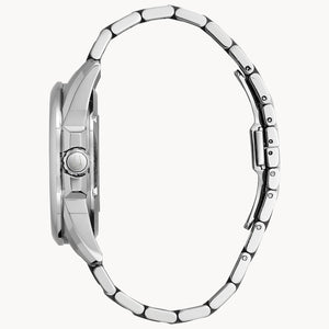 Silver watch with a detailed band on a white background