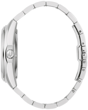 Load image into Gallery viewer, A silver stainless steel watch with a matching metal link bracelet, shown from a side profile view against a plain white background.
