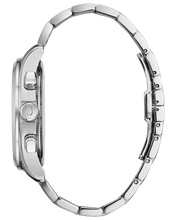 Load image into Gallery viewer, A silver stainless steel watch shown from the side profile, featuring a matching metal link bracelet and a textured crown on a clean white background.

