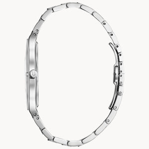 Silver watch band on a white background