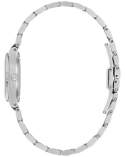Load image into Gallery viewer, Profile of a silver watch with a detailed metal band on a white background

