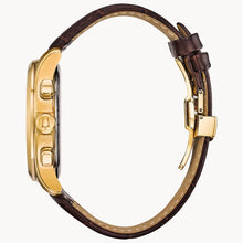 Load image into Gallery viewer, Gold watch with brown leather strap on a white background
