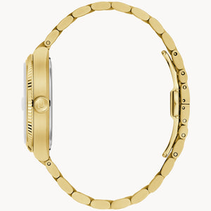 Gold watch with a detailed band on a white background