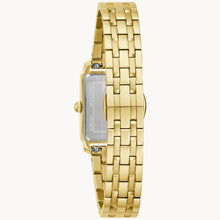 Load image into Gallery viewer, Gold wristwatch with a rectangular face on a white background
