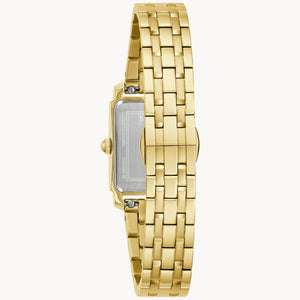 Gold wristwatch with a rectangular face on a white background