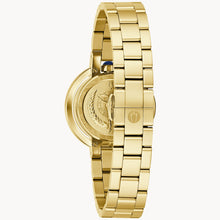 Load image into Gallery viewer, Gold watch with a detailed case back on a white background
