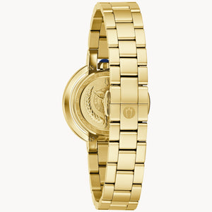 Gold watch with a detailed case back on a white background