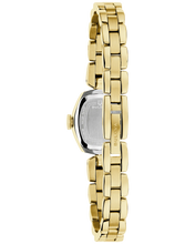 Load image into Gallery viewer, A gold-tone stainless steel women's watch with a matching link bracelet, shown from the back on a plain white background.
