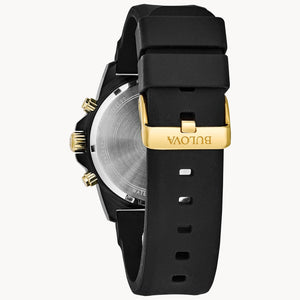 Black and gold watch with visible brand name on a white background