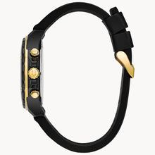 Load image into Gallery viewer, Black and gold watch with a strap on a white background

