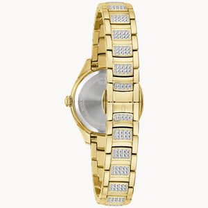Gold watch with diamond-studded band on a white background