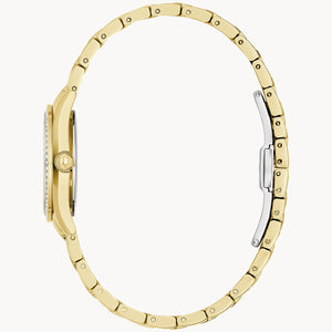 Gold watch with a detailed band on a white background