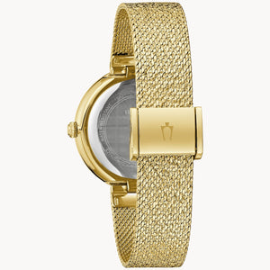 Gold watch with mesh band on a white background