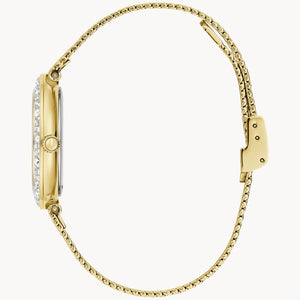 Gold watch with a chain strap on a white background