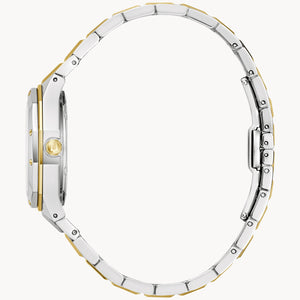 Close-up of a silver and gold watch band on a white background