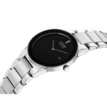 Load image into Gallery viewer, Silver watch with black face on a white background

