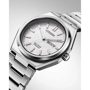 Silver Citizen watch with a white face on a light gray background
