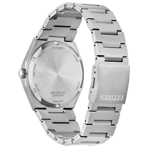 Silver Citizen watch with metal band on a white background