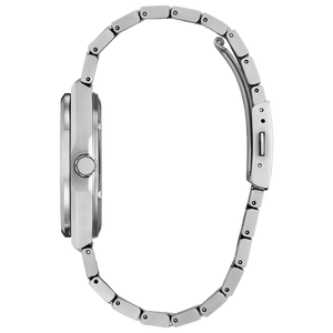 Silver watch with a detailed metal band on a white background