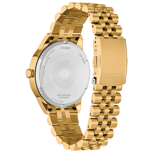 Gold Citizen watch with metal band on a white background