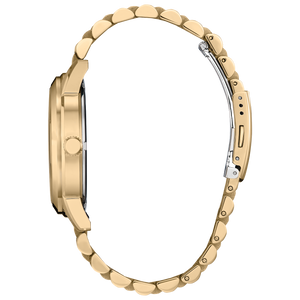 Gold watch case on a white background