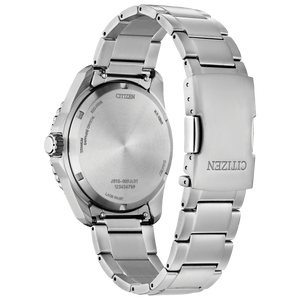 Silver Citizen watch with metal band on a white background