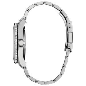 Close-up of a silver watch with a white background
