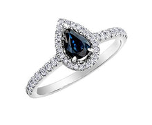 Load image into Gallery viewer, White gold ring with a blue gemstone and diamond accents on a white background
